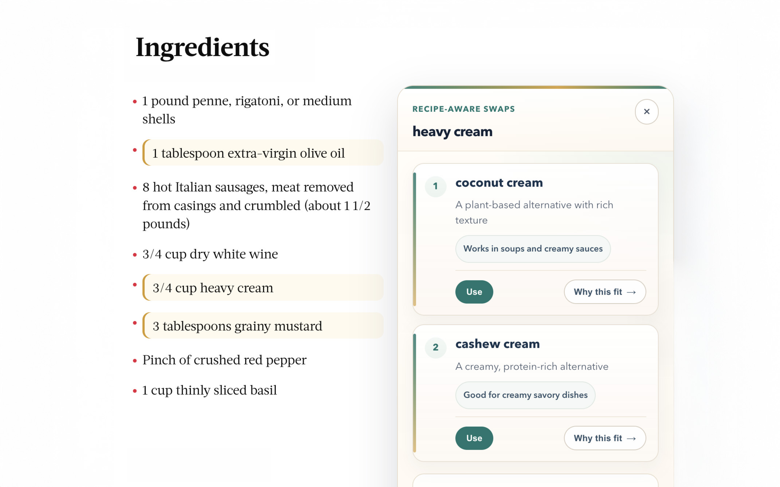 FoodFlip panel showing ranked substitutions for heavy cream on a real recipe page